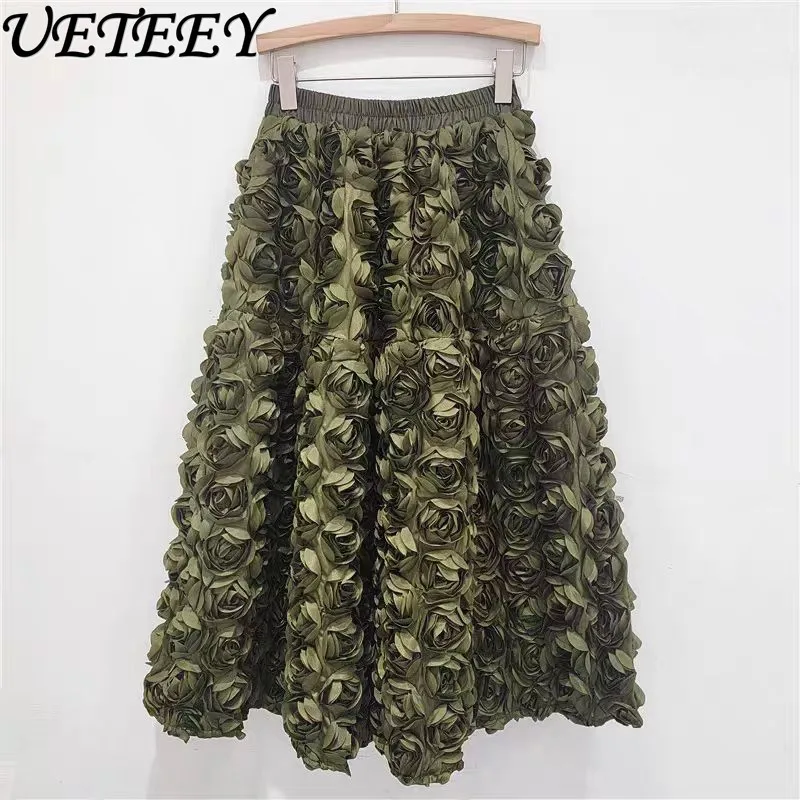 2025 New Versatile Design French 3D Flower Elastic High-waisted Long Skirts Pendulum Fashion A-shaped Skirt for Women