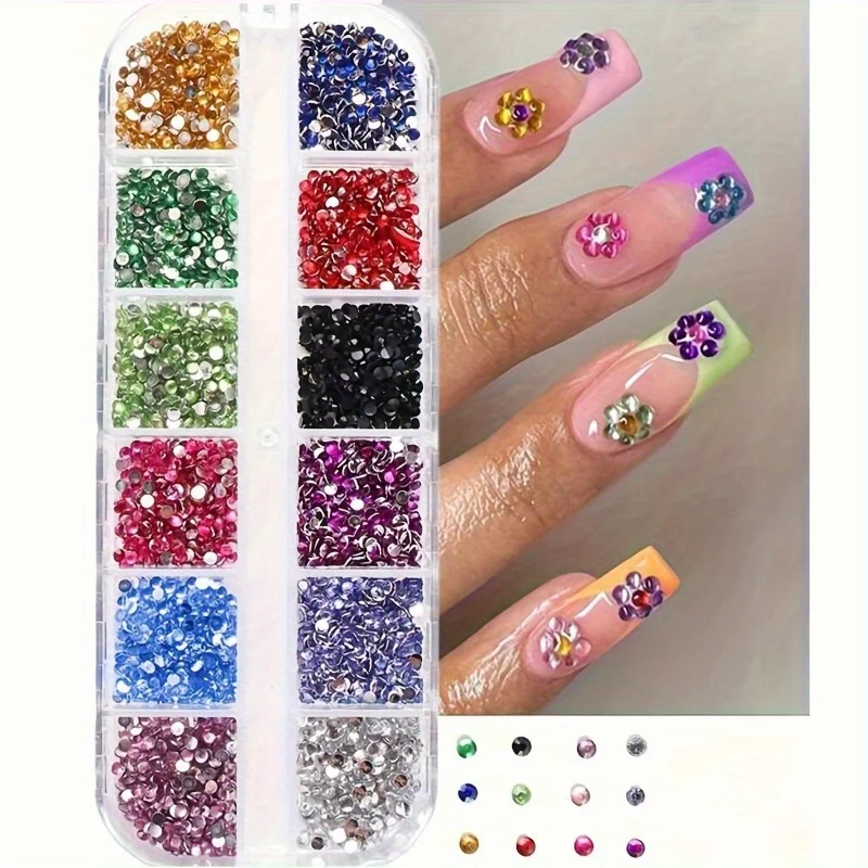 12 علبة من أحجار الراين المسطحة للأظافر، بألوان متنوعة وغير معطرة لتزيين الأظافر بنفسك في المانيكير والباديكير