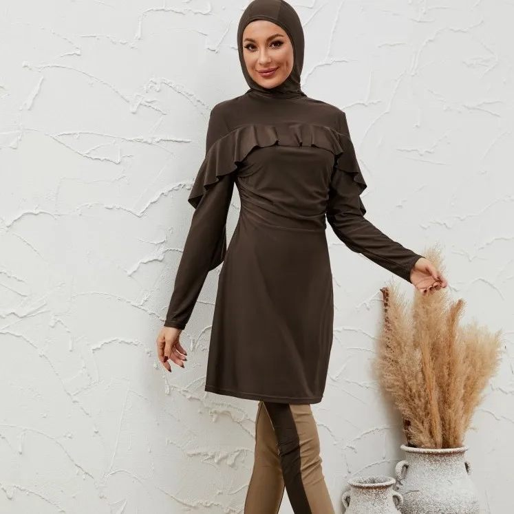 

Мусульманский купальник для женщин, комплект из 3 предметов: скромный топ с хиджабом, брюки с высокой талией, костюм с рюшами, 2026, полностью закрытый купальный костюм