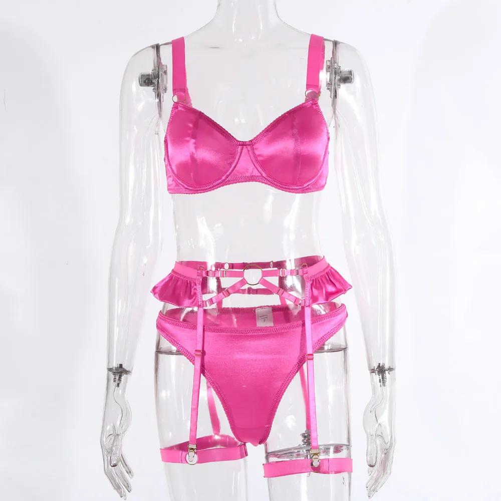 

Perspective sexy nightclub women's erotic lingerie set rose red with steel ring ladies 3pcs underwear bra sets