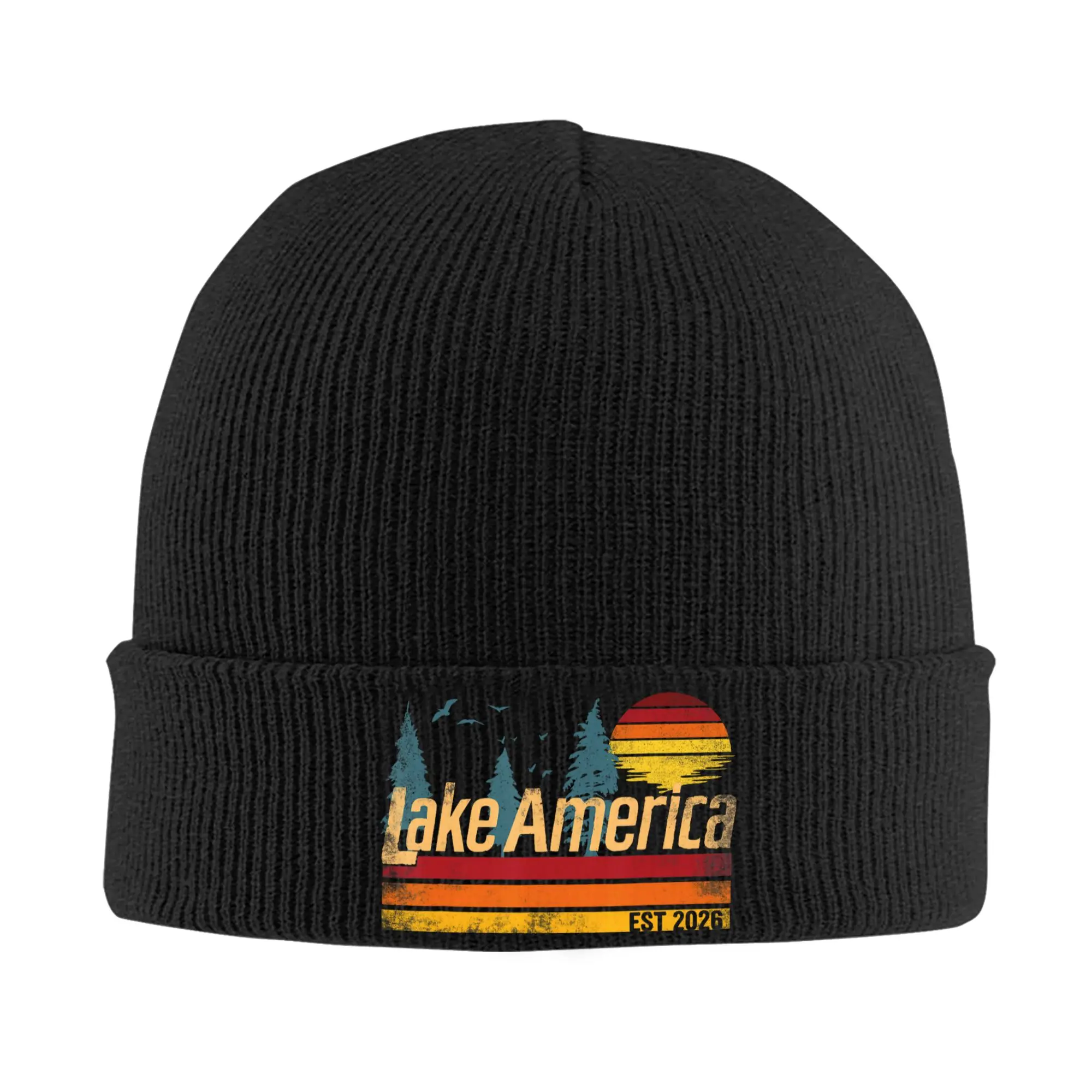 Lake America Vintage Sunset Beanie Hats Lake Ontario Knit Hat Men Women Trendy Warm Soft Caps Spring Outdoor Sport Bonnet Hats