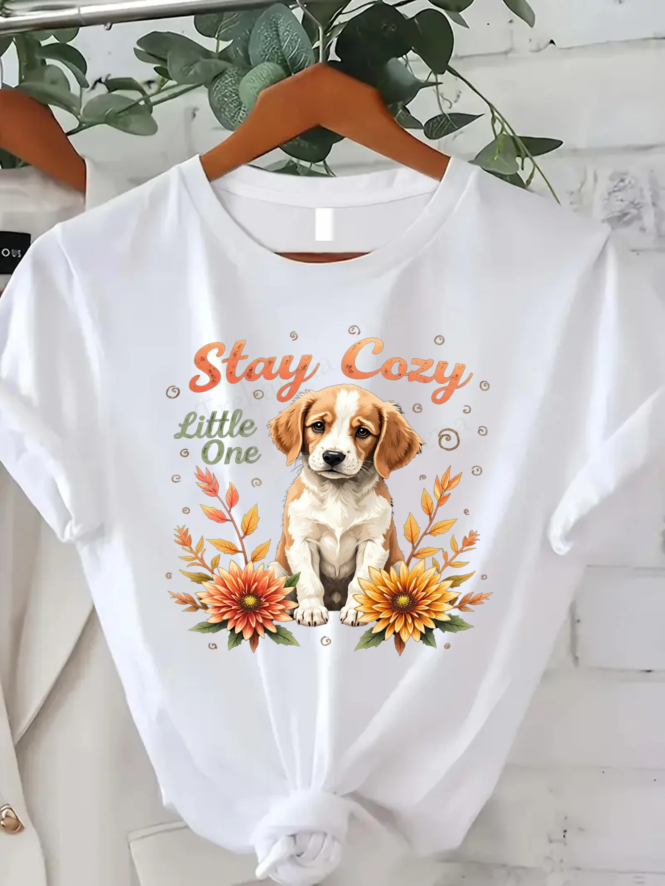 

Comfortable Women's Print T-shirt "Stay Cozy Little One - Adorable Puppy & Floral Print T-Shirt for Women"