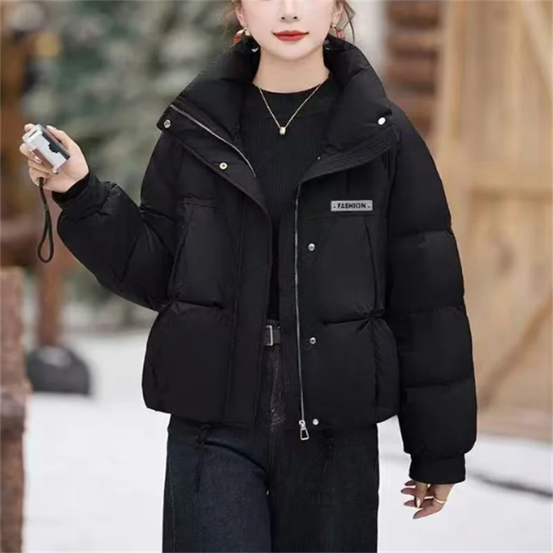 

Short Women Cotton Coats Mock Neck Jacket Casual Down Coat Fall Winter Warm Zip Outwear Loose Short Parka Coat For Female