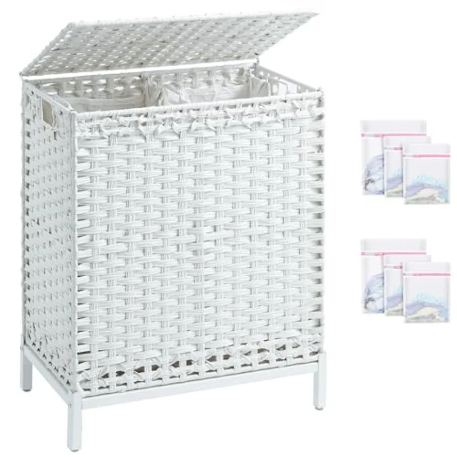 

Laundry Hamper with Lid, Handwoven Rattan Wicker aundry Basket, 2 Removable Liner Bags Metal Heightened Feet, 6 Mesh Bags, 2 Se