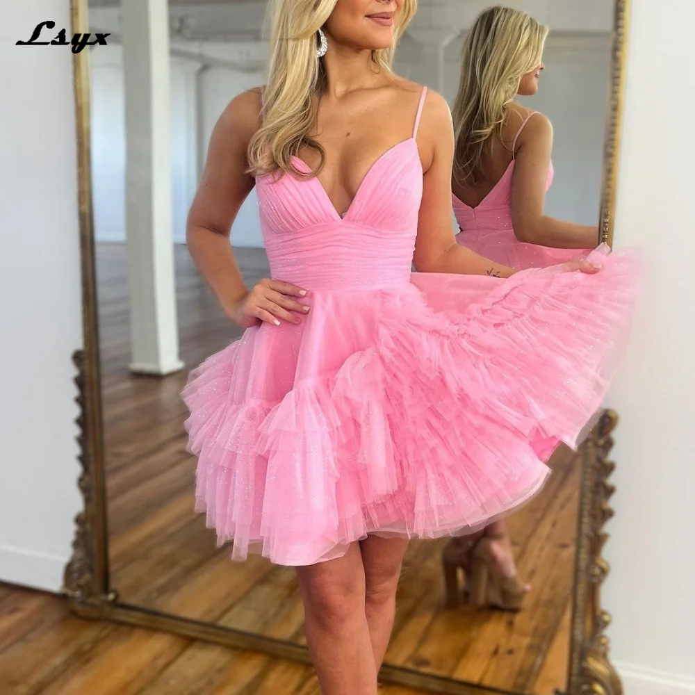 LSYX Pink Prom Dresses Vestidos De Fiesta Tulle Spaghetti Strapless Short Homecoming Graduation Dress Boho Evening Gowns 2023