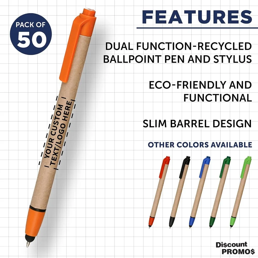 مجموعة أقلام حبر جاف مكونة من 50 قطعة قابلة للتخصيص - معاد تدويرها، قابلة للسحب، برتقالية مع خيار الشعار