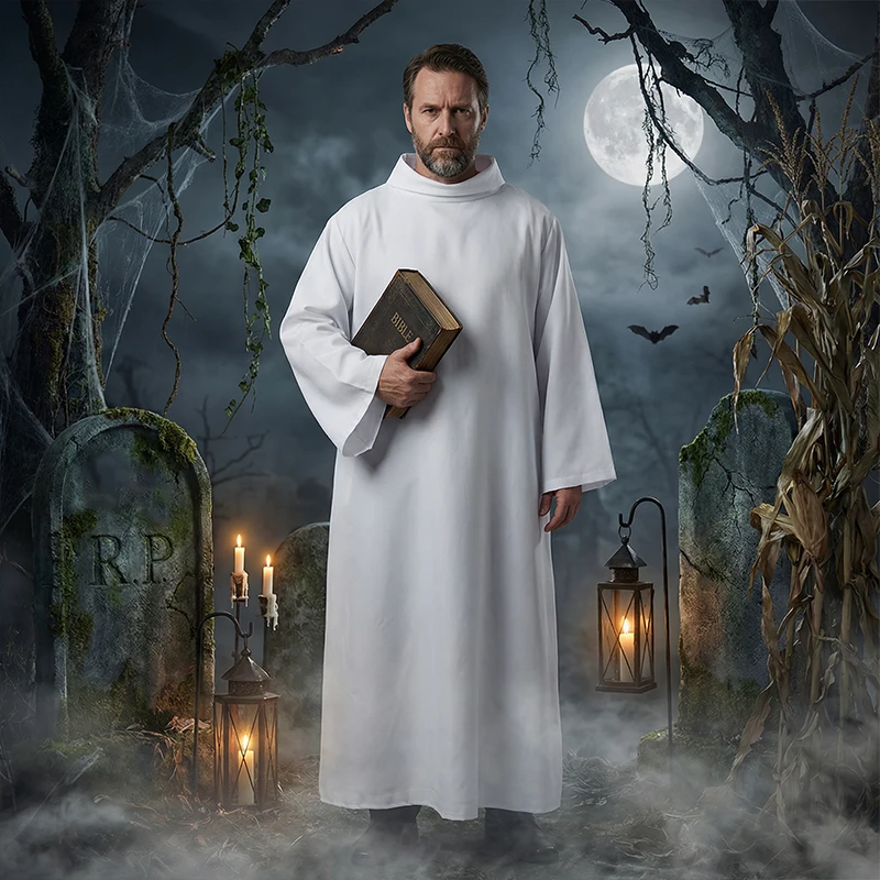 New White Color Priest Costume Church Cosplay Halloween Performance Middle East Arab Christian Catholic Priests Clergy Robes