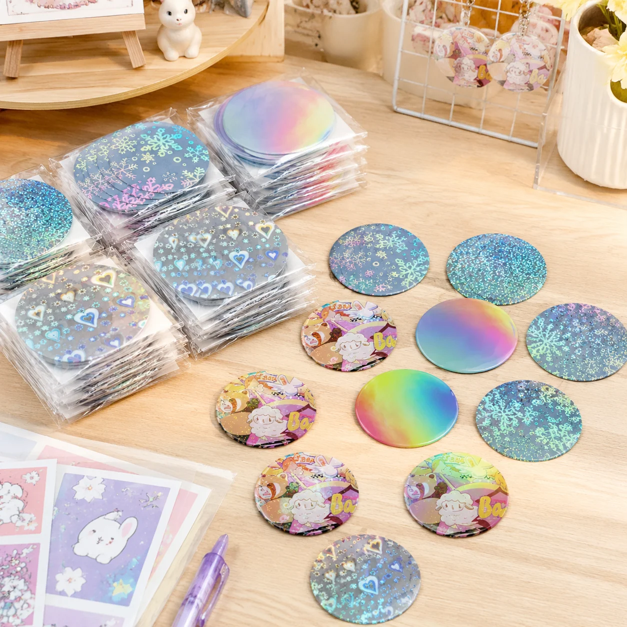 100 Stück 70mm Holographische Abzeichenfolien DIY Pin-Button-Herstellung Kunststoffschichten mit Schimmereffekt für die Emblemproduktion TMZ – Detail 4