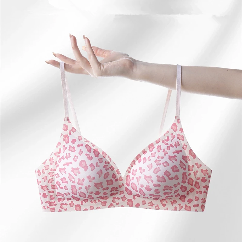 KUCLUT  Pink Leopard Print Seamless Underwear For Women With Small Breasts, Beautiful Back, Sexy Breathable Backless Bra