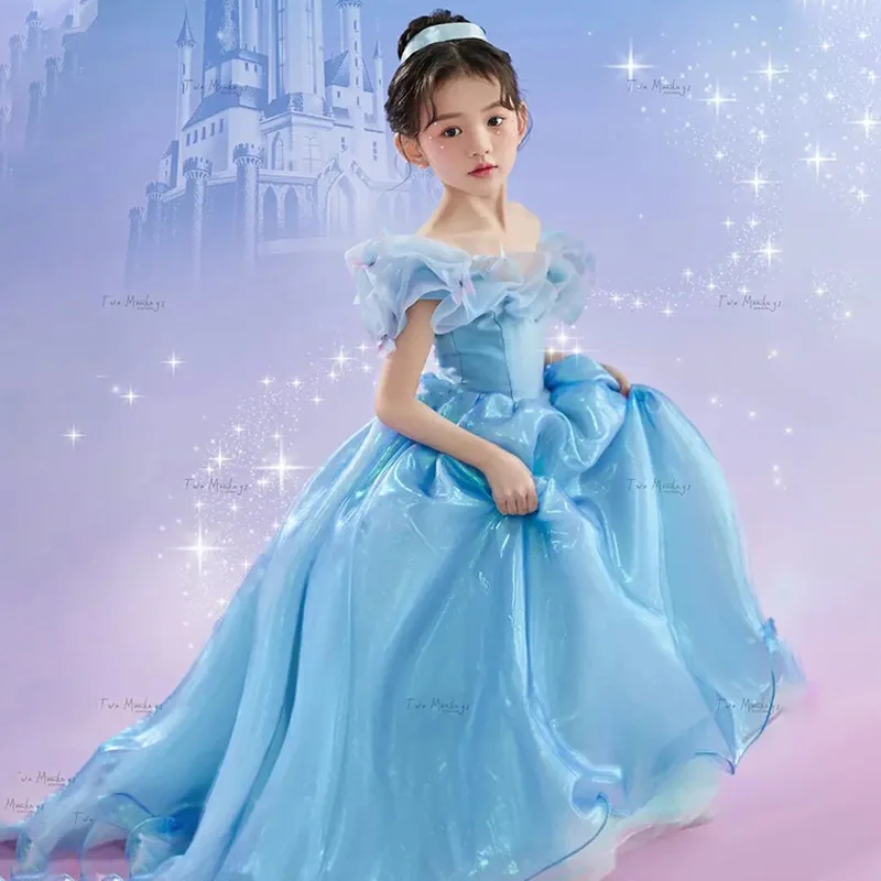 Princess Cosplay Costume for Toddler Girls 3 To 6 12 Years Kids Birthday Party Blue Dress Elegant Dresses Long Luxury 2023 Gown