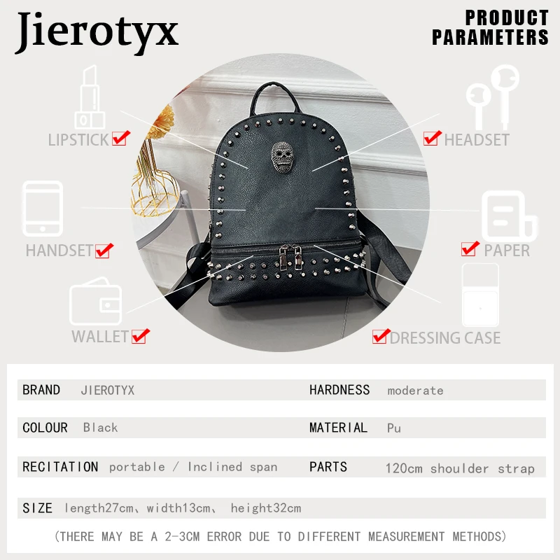 JIEROTYX-mochila de piel sintética con remaches para mujer, bolso escolar de gran capacidad, de diseñador, estilo gótico, color negro