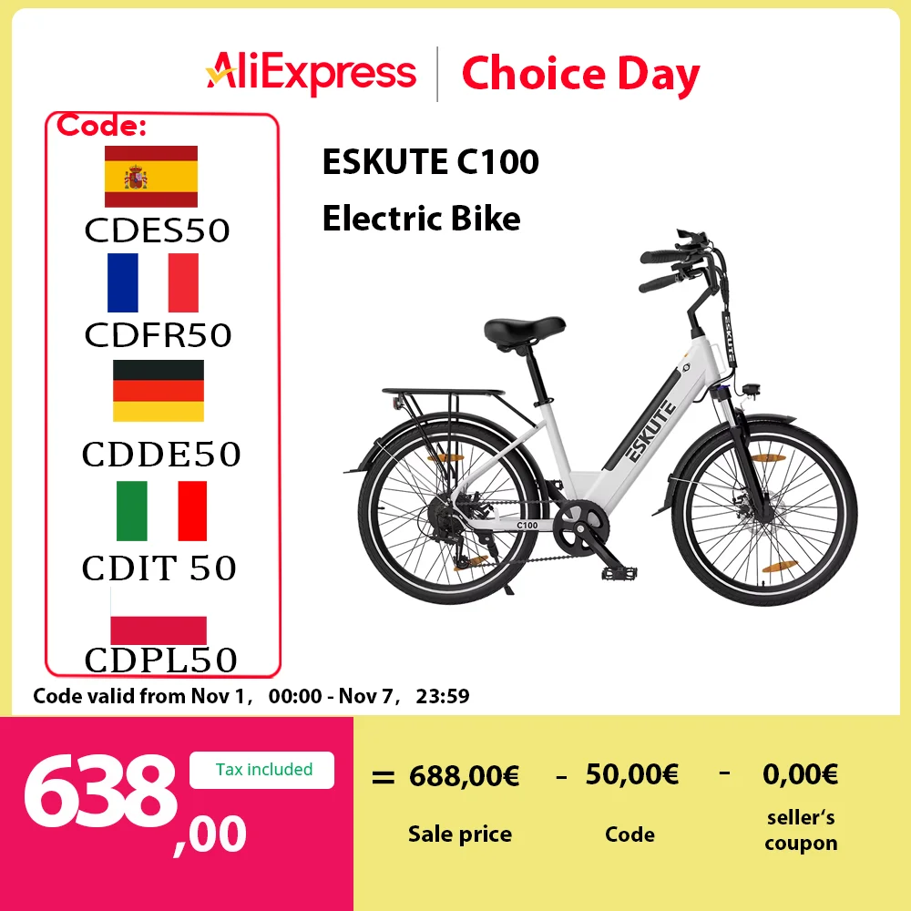 ESKUTE C100 Electric Bike, 250W Motor, 36V 10.4Ah Battery, 26*1.75' Tires, 25km/h Max Speed, 50-60km Range, Mechanical Disc Brak