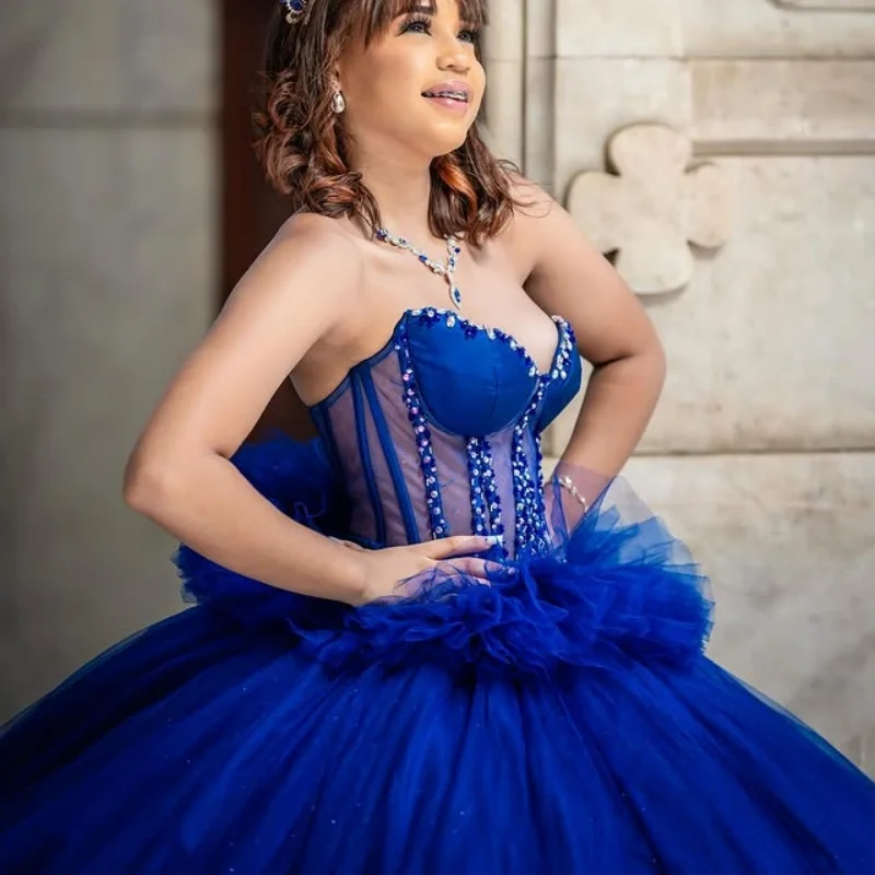 

Королевское синее платье Quinceanera с открытыми плечами, кружевное многослойное платье с кристаллами и блестящей наклейкой, платья de 15, Quinceanera ﻿ Индивидуальный