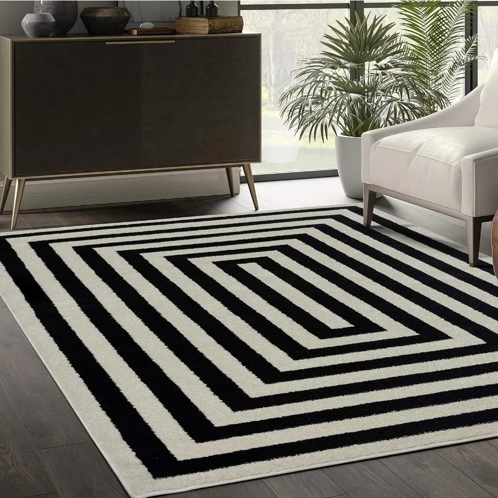 

Contemporary Black & Ivory Area Rug, Contrasting Geometric Modern Stripe Symmetrical Living Room Carpet Rugs