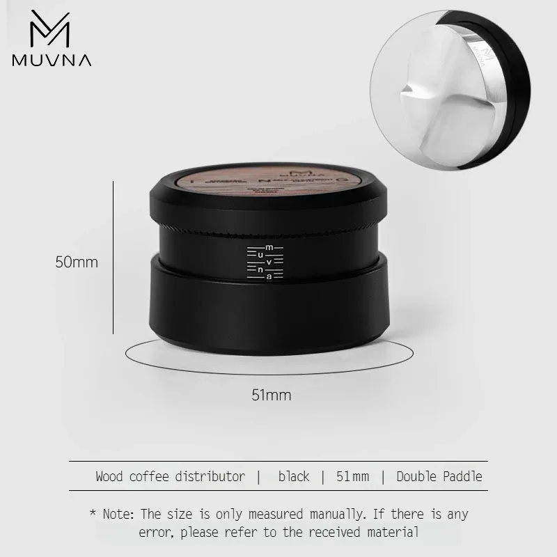 MUVNA Gravity Espresso Koffietamper en -verdeler, 51 mm, 53 mm, 58 mm, van notenhout en metaal, met automatische nivellering, een handig accessoire voor barista's.