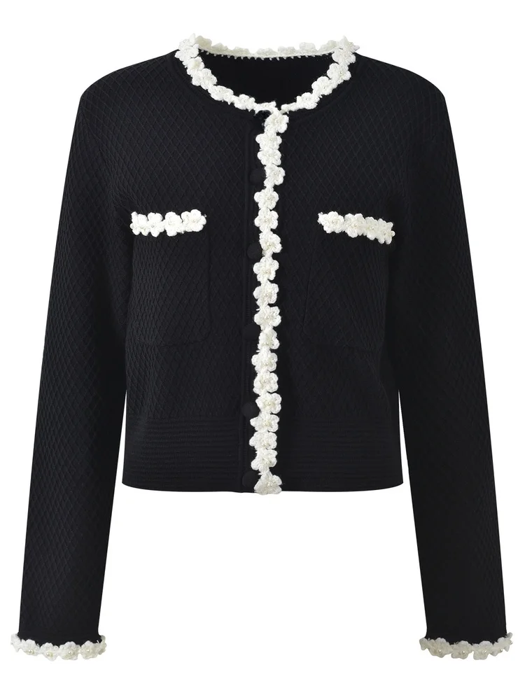 Ele Bla White Knitted Svel Women's Jaet Cardigan Series Beaded Flower Design High End European Sle Faion