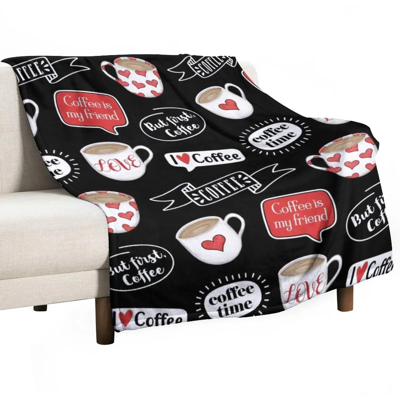 

Hand-Drawn Coffee Mugs - I Love Coffee - Muted Red, Black and White - 2nd Version Throw Blanket Single Blanket Sofa Quilt