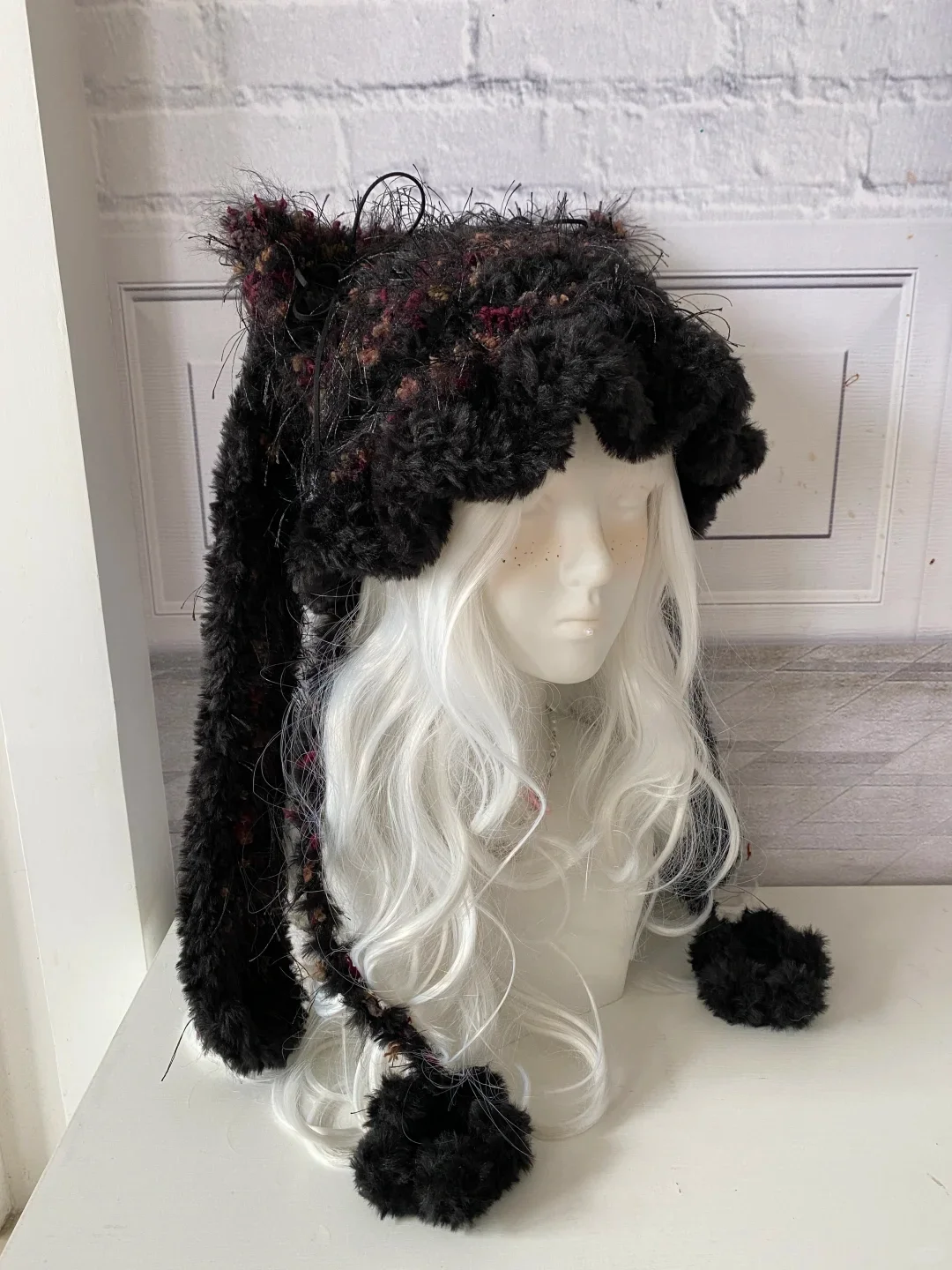 

Dried Roses Black Rabbit Cat Ear Hat with Detachable Ears Christmas Gift Halloween HAT Cloche Hat Yarn Hat Winter Beanie