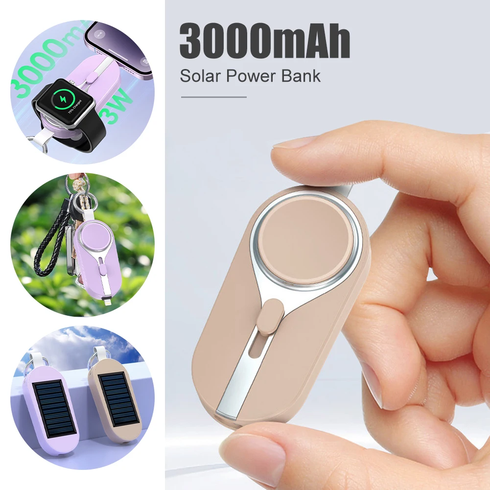 

3000mAh Solar Power Bank Fast Charging Type-C/For iPhone Wireless Charger for Apple Watch Portable External Power Bank Keychain