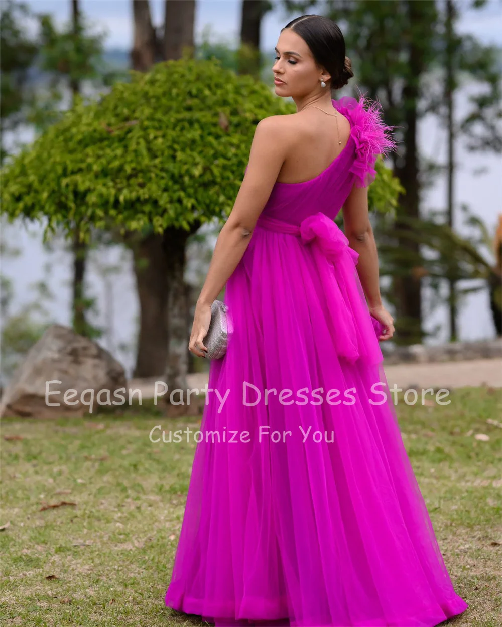 Customized One Shoulolder Feathers Prom Gowns Simple A Line Purple Tulle Sash Evening Dresses Formal Wedding Women Party Dress