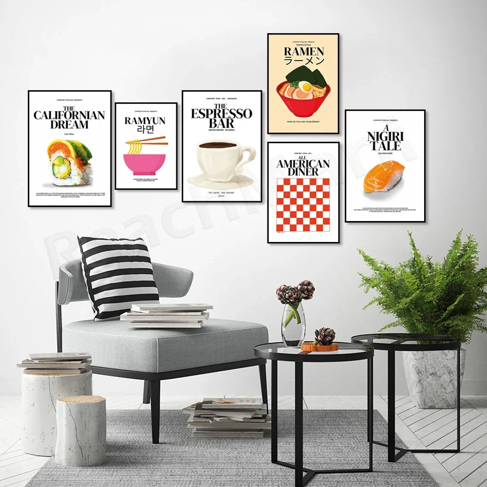 Japanese food kitchen poster, sushi rolls, salmon nigiri, Japanese ramen, Korean ramen soup, American restaurant witty poster