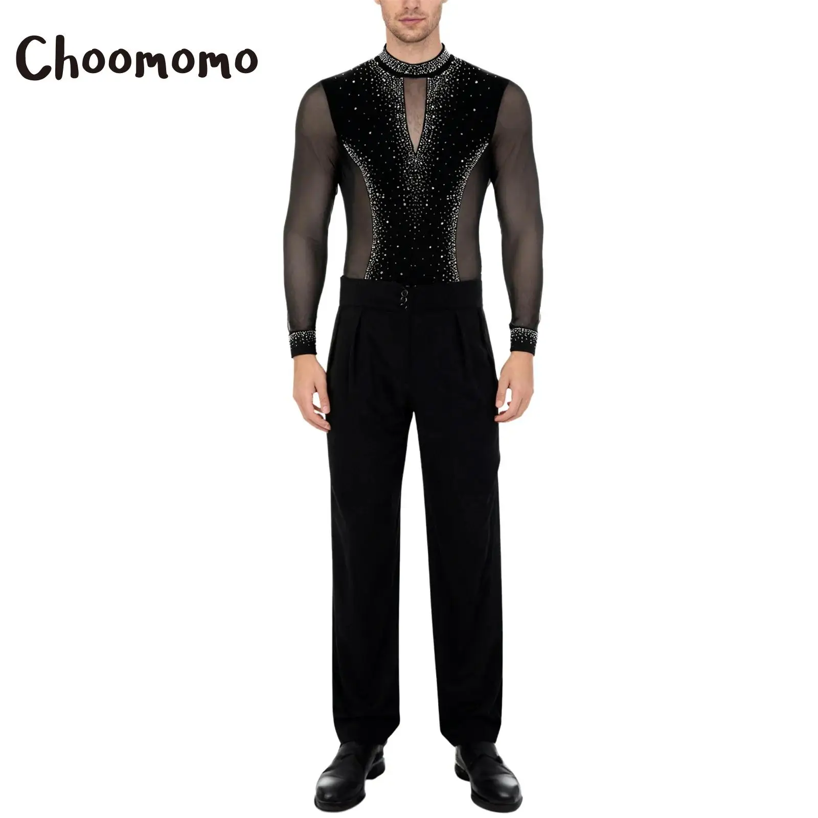 

Men Latin Dance Outfits Long Sleeve Rhinestones Mesh Leotard Bodysuit +High Waist Pants Skating Ballroom Tango Chacha Dancewear