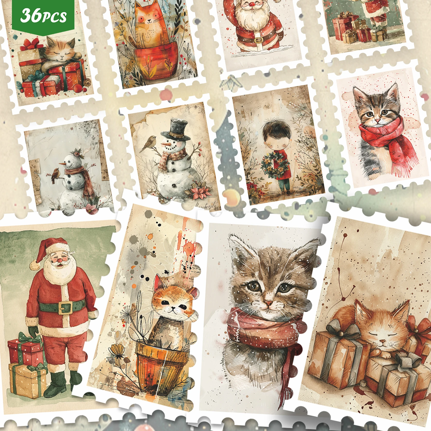 36PCS Watercolor Christmas‑themed Decorative Sticker Collection for laptops, featuring hand‑drawn festive figures, gift stacks,