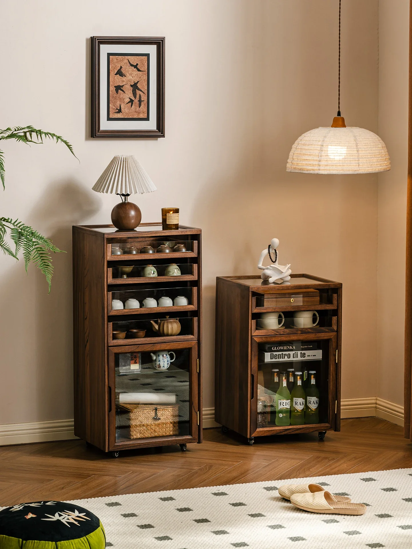 Walnut tea set storage display cabinet movable chest cabinet solid wood rack bedroom storage Nordic