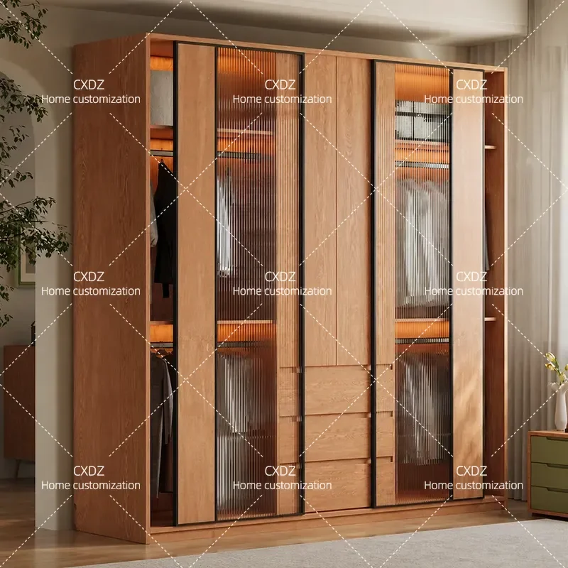 Solid Wood Oak Wardrobe Sliding Door Bedroom Storage Cabinet Assembly Combination Log Color Closet Home Furniture
