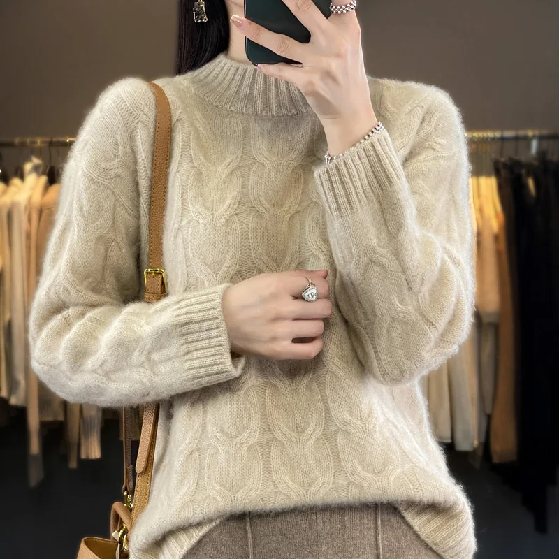 Autumn and Winter New Women's Sweater 100% Wool Cashmere Half High Neck Knitted Pullover Loose Fashion Thickened Women's Top