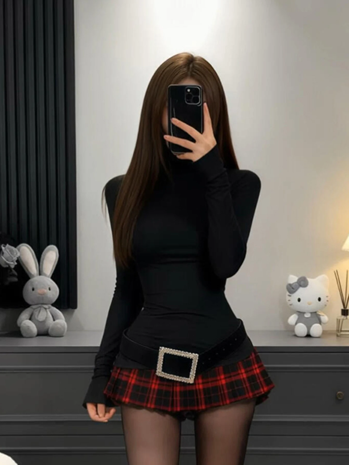 

XZY plus Size Autumn Winter Plaid Skirt Set Women's Base Layer irt And High Waist Pleated Skirt Faion Commute Sle