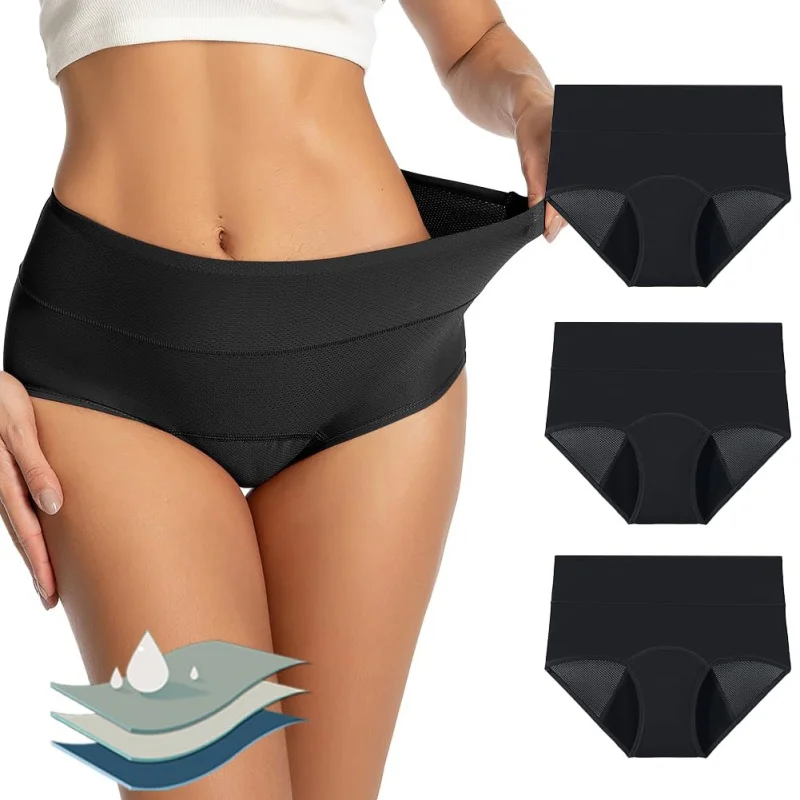 Women's Leak Proof Menstrual Physiological Pants 3-Layer Absorbent Menstrual Panties Breathable High Waist Plus-Size Briefs