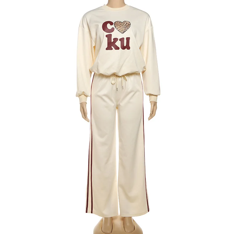 Damski sportowy dres Bangniweigou 2025, kremowy, bluza z okrągłym dekoltem i nadrukiem liter, spodnie ze sznurkiem, zestaw do noszenia w domu.