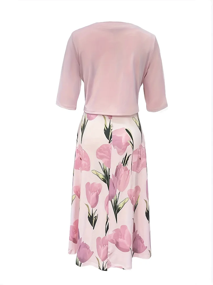 Women Plus Size Dress Set Pink Floral Print Skirt Elegant Fashion 2024 Summer Spring New V-neck Slim Dress + Short Sleeve Coat