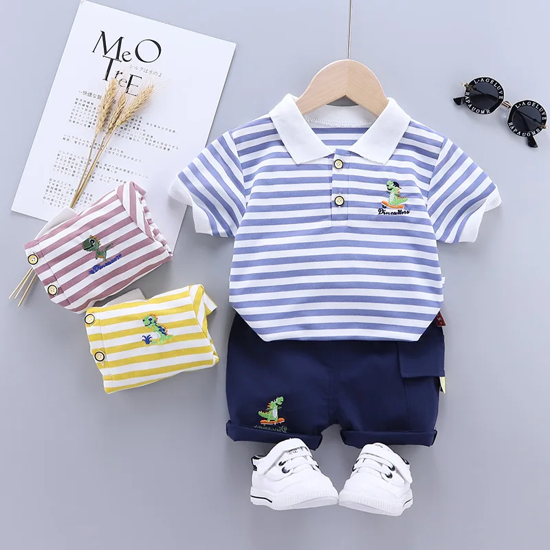 2024Baby Boys' Summer Short-Sleeved Suit Children's LapelpoloTwo-Piece Shirt Summer1-5Fashionable Children's Clothing