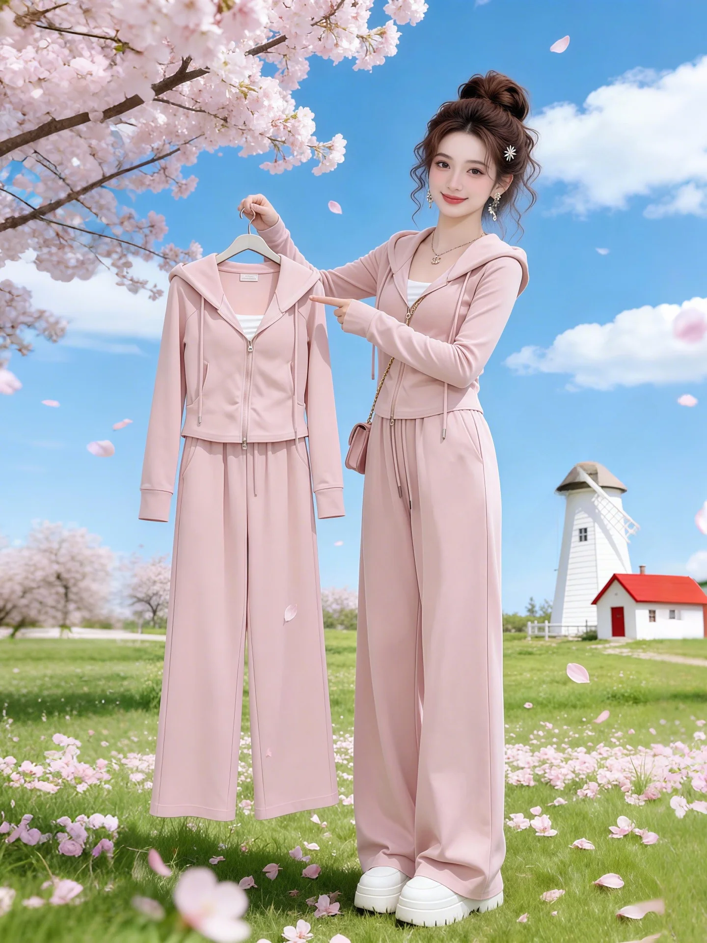 

Spring Autumn Short Women's Casual Waist-Cinching Slimming Hoodie Top High Waist Straight Leg Pants Fashion Set 2026