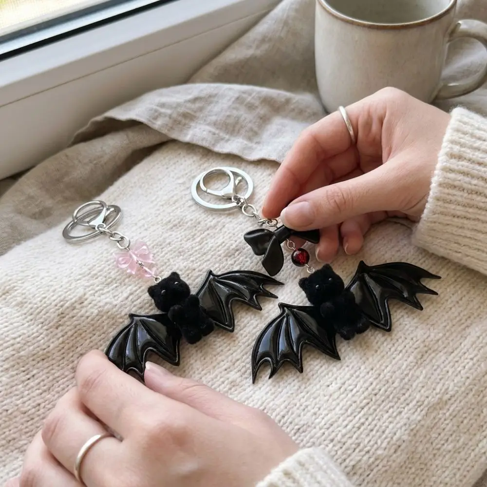 Gothic Style Bear with Wing Keychain Dark Fluffy Novelty Bow Bat Bear Bag Pendant Soft Touch Animal Plush Bat Bear Keyring