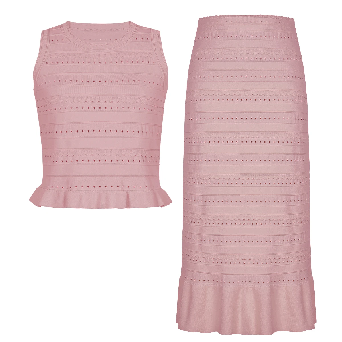 

High Quality Elastic Knitted New Fashionable Solid Color Round Neck Lace Hollow Out Sleeveless Vest Slim Fit Skirt Women's Set