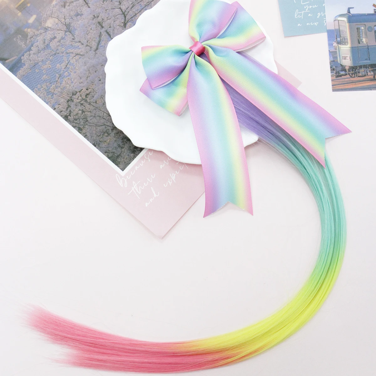 

Colorful bow spring clip hair extension clip, colorful straight wig hair piece, spring clip hair piece, suitable for daily use
