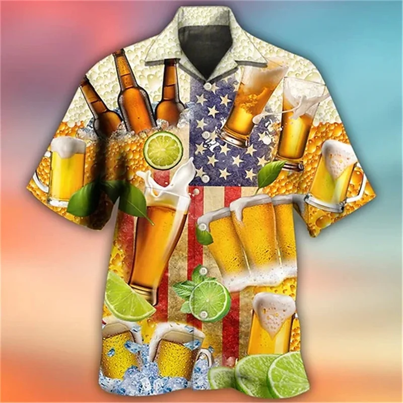 Funny Guitar Beer Pattern Hawaiian Shirts For Men Musical Instrument 3D Printed Blouse Summer Loose Aloha Shirts Short Sleeves