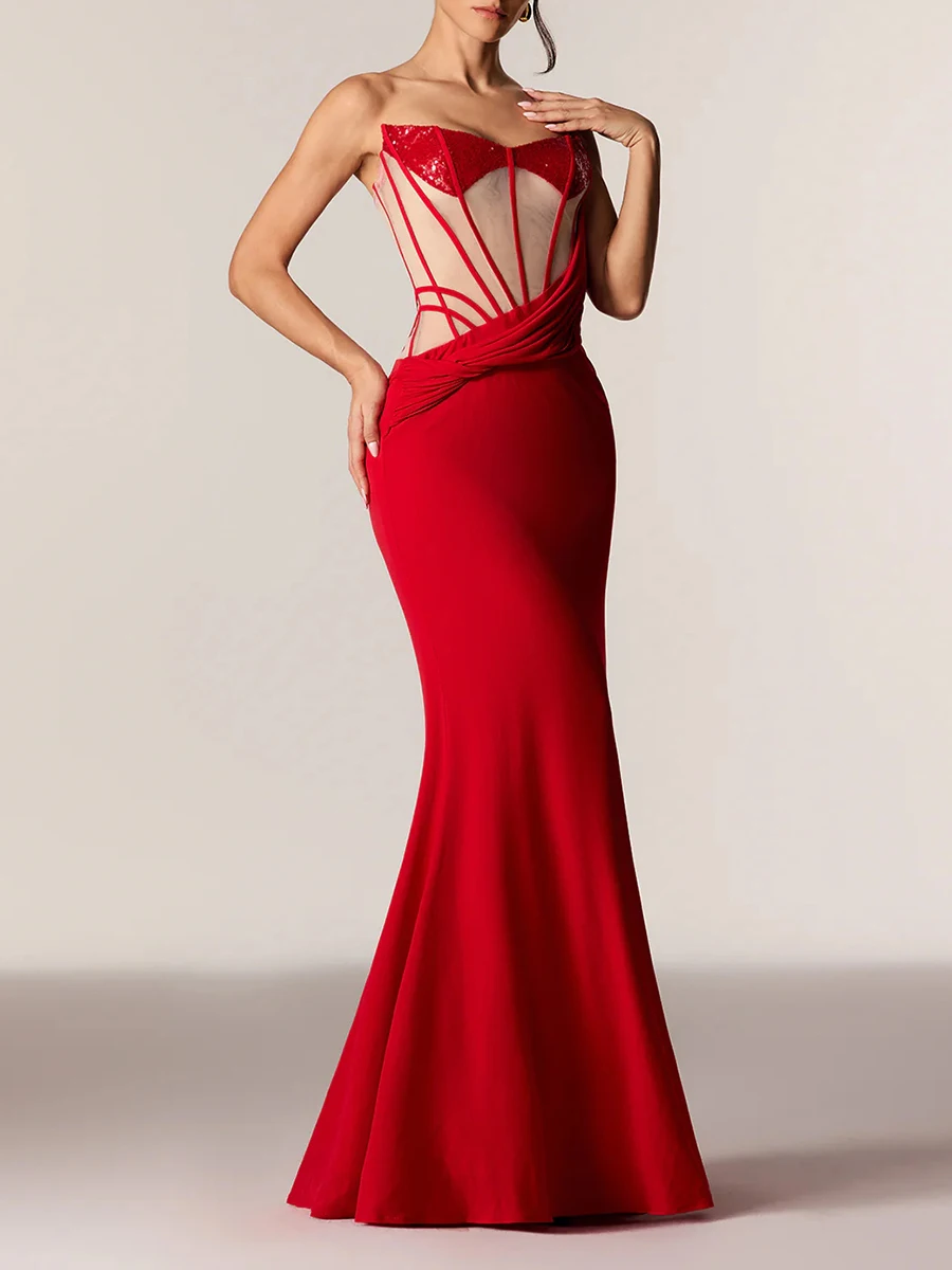 VGH Sexy Spliced Sheer Corset Black Dresses for Women Strapless Sleeveless High Waist Chic Evening Bodycon Maxi Dress Female New