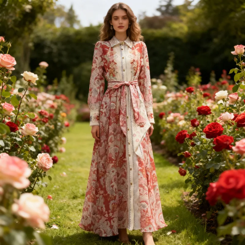 جديد الشارع Sle ارتفاع الخصر طويل Sve ثوب مطبوع مع زر التفاصيل عارضة ثي المواد محايد اللون الربيع جمع