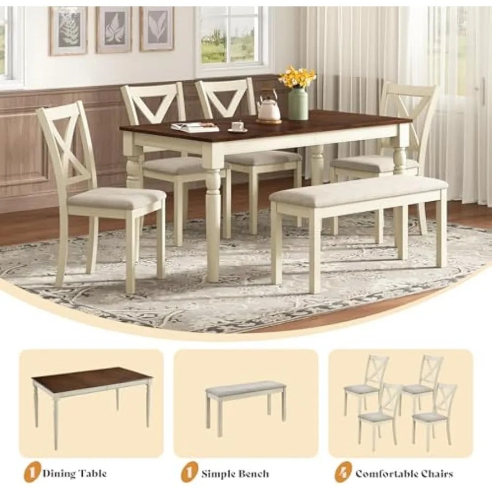 طقم طاولة طعام من الخشب الصلب مكون من 6 قطع مقاس 60 بوصة، وطاولة مزرعة مع 4 كراسي منجدة ومقعد واحد، ومجموعة طاولة طعام لـ 6 أشخاص، لـ Dinin