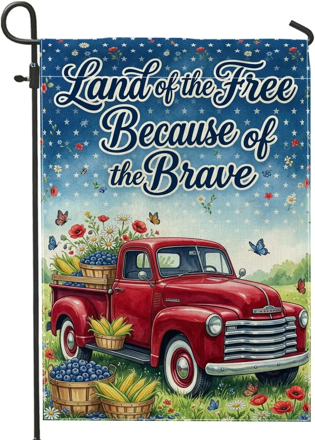 Truck Garden Flag, Rustic Vintage Flowers Stars Summer Red Double Sided Burlap Small Garden Yard Flag for Outdoor Patio Lawn yyi