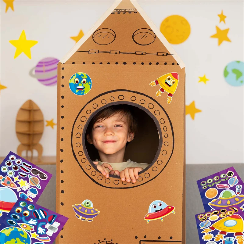 6-24Sheets Kids DIY Make A Face Stickers Toys Reusable Make Your Own Solar System Planet Alien Rocket Space Sticker For Children