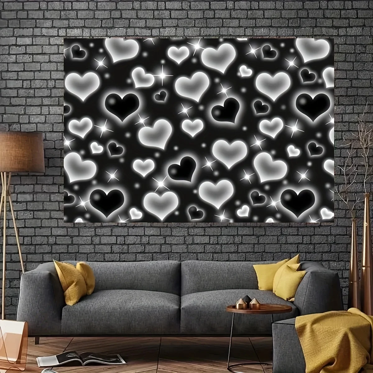 Black And White Glowing Hearts Pattern Y2K Aesthetic Valentine Day Tapestry Romantic Love Wall Art Bedroom Decor Emo Goth Print view 3