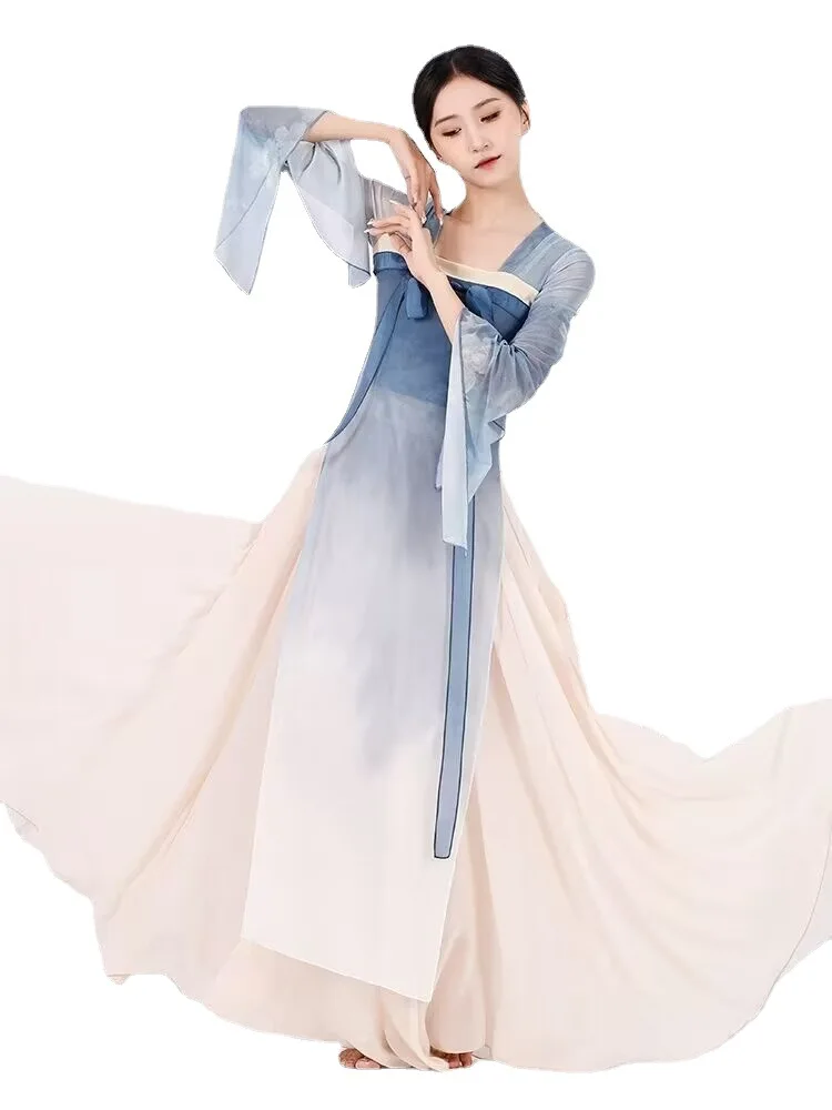 New classical dance attire, women's flowing Hanfu, chest length, tattered skirt, Chinese dance practice suit, ribbon long body c