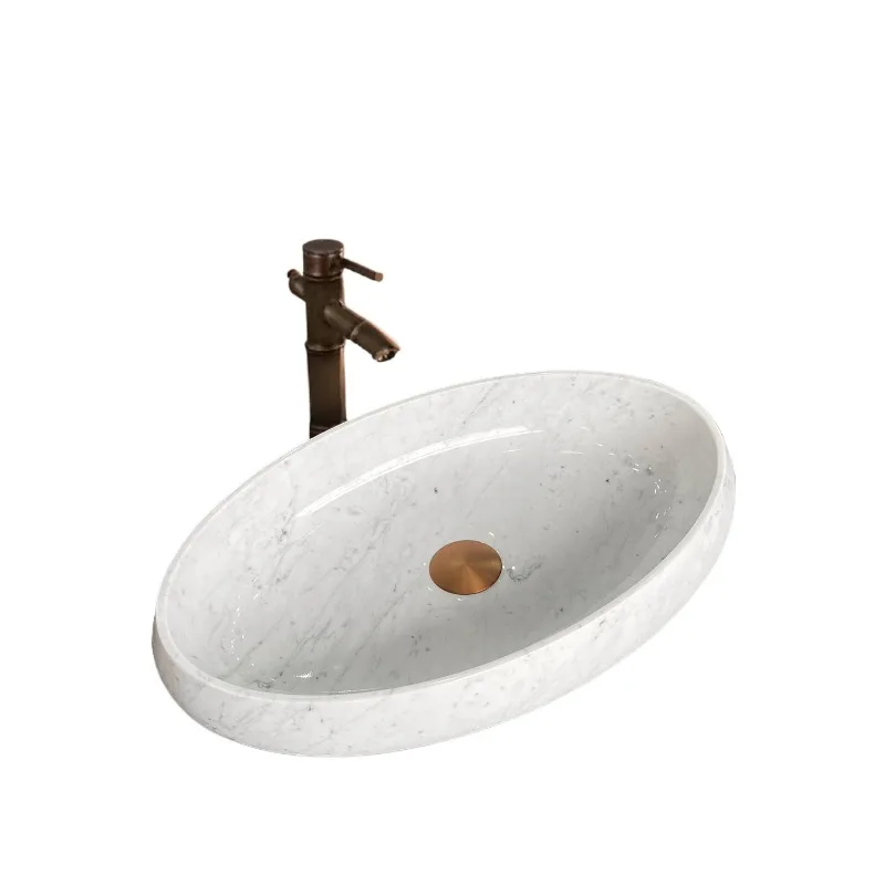 Lavabo ovalado de mármol natural con forma especial, tipo copo de nieve de Carrara, color blanco jazz, jade blanco.