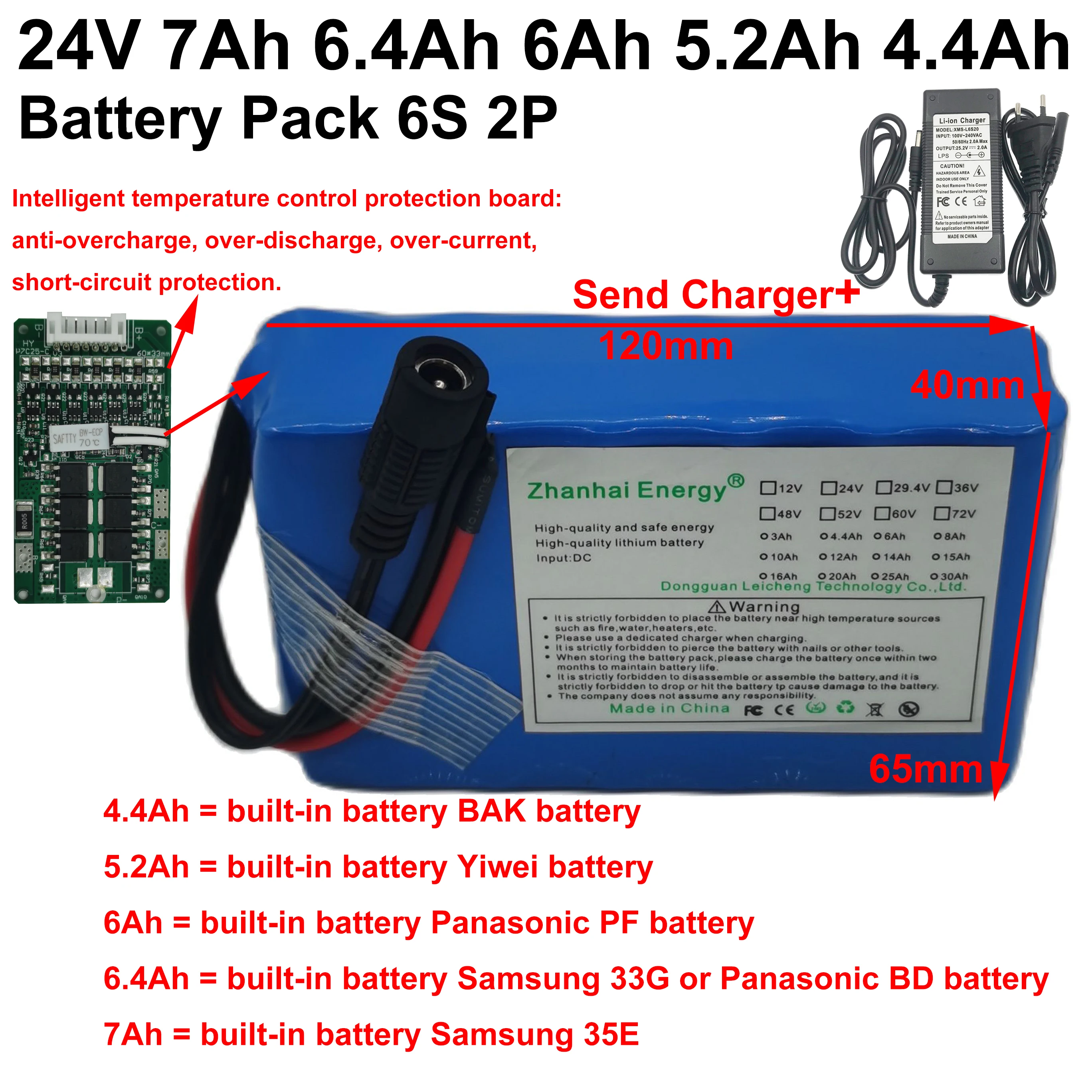 24V 7Ah 6.4Ah 6Ah 5.2Ah 4.4Ah 18650 Li-Ion Rechargeable Battery Pack 6S 2P For Below 500W Electric Bicycles New Send Charger