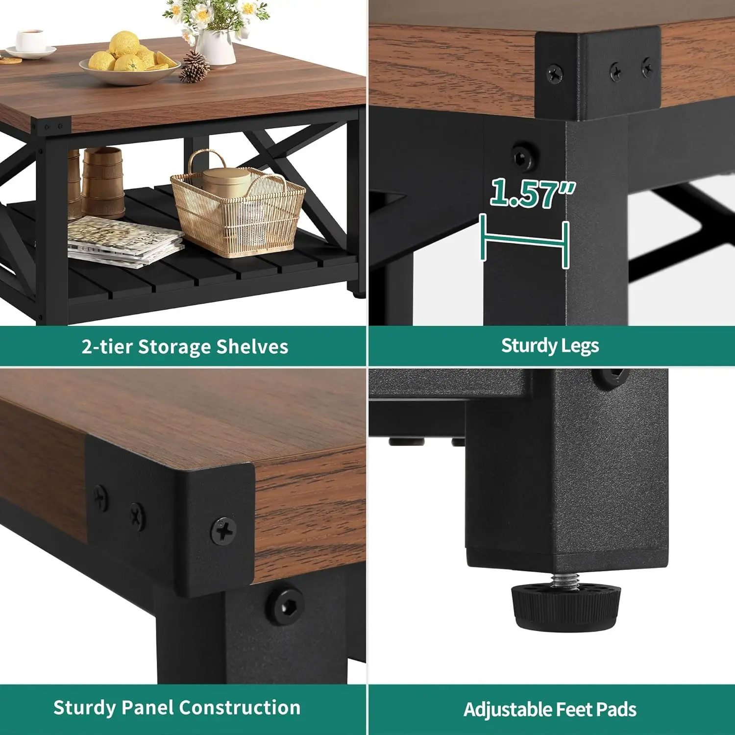 Square Coffee Table for Living Room, Vintage Living Room Table with Shelf, Coffee Table with Storage